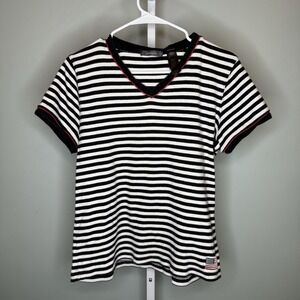 Liz Claiborne Women's Striped Short Sleeve Top, Size XL Cotton‎ Black And White